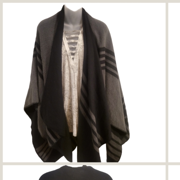 BB Dakota Reversible Blanket Shawl Poncho Sweater Black/ Grey OS Great Condition - Picture 3 of 3